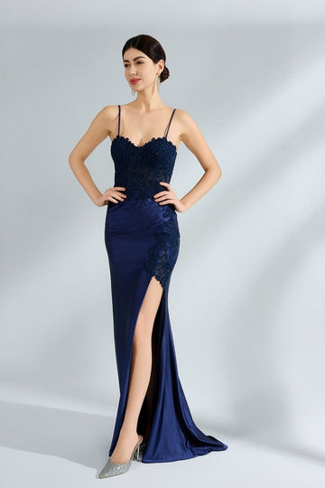 model in navy long satin and lace prom dress