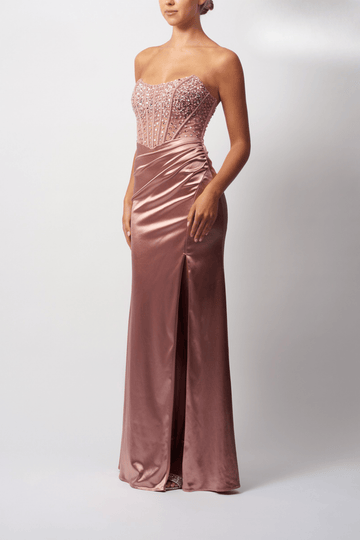 strapless beaded prom dress on a model