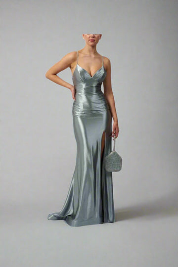 Front of Steele blue Satin MC113216 dress, with leg slit and v-neckline