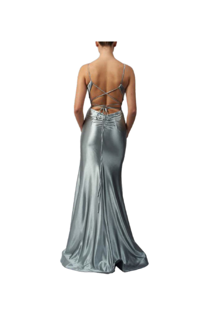 Back of Steele blue Satin MC113216 dress, with tie back and train