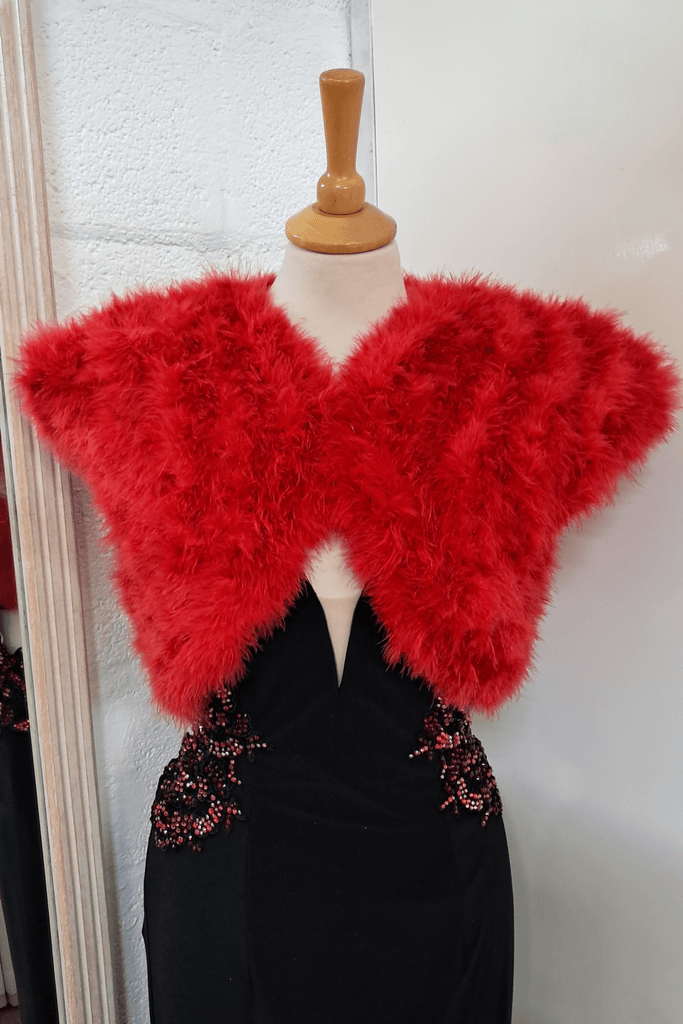 Front of red feather shrug