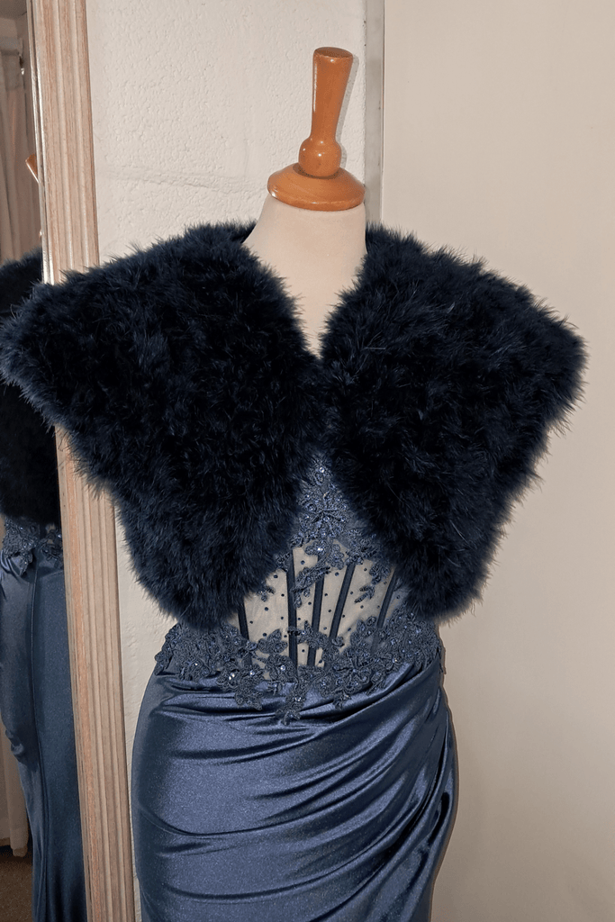 Front of navy feather shrug