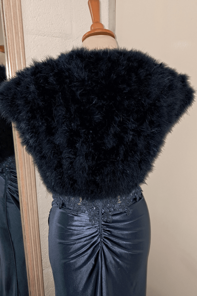 Back of navy feather shrug