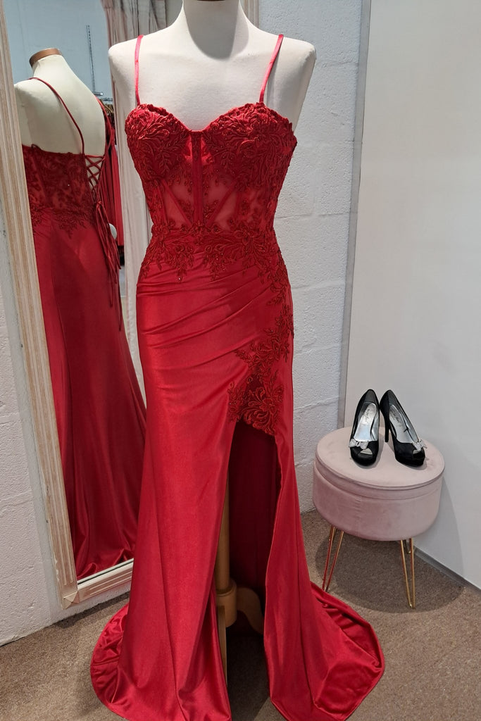 Front of Red Elaine Dress with Embellished Corset and Leg slit