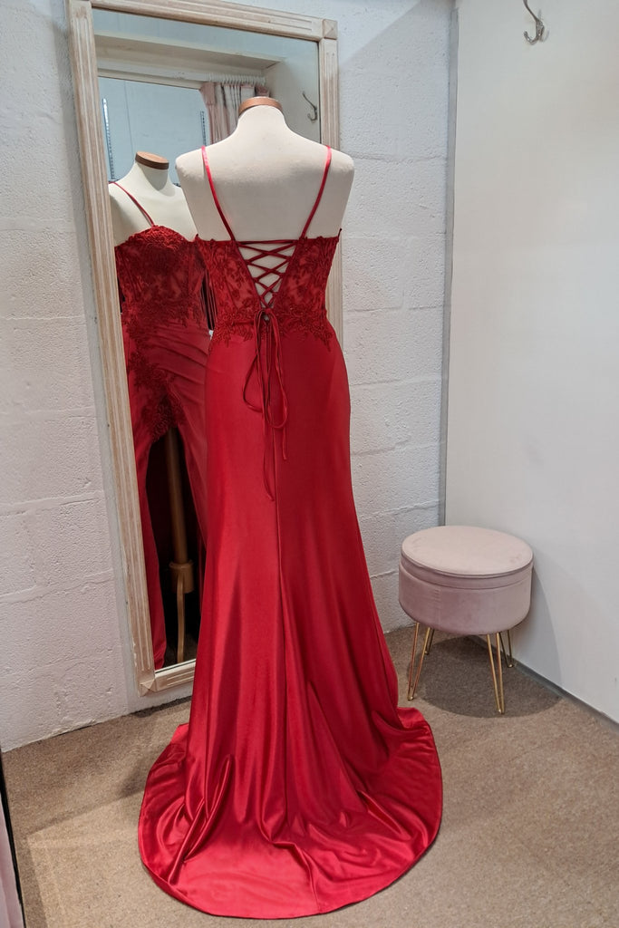 Back of red Elaine dress with train and tieback 