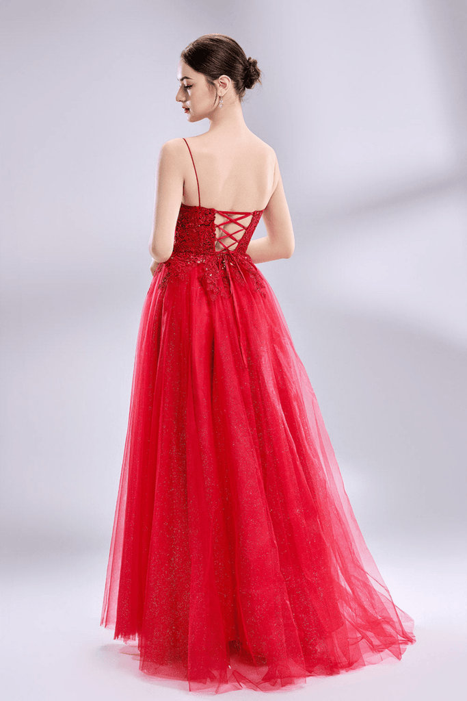 Jessica Stuart Nina Red Ball Gown with Beaded Bodice and Side Slit - Prom Dress 2025 back view