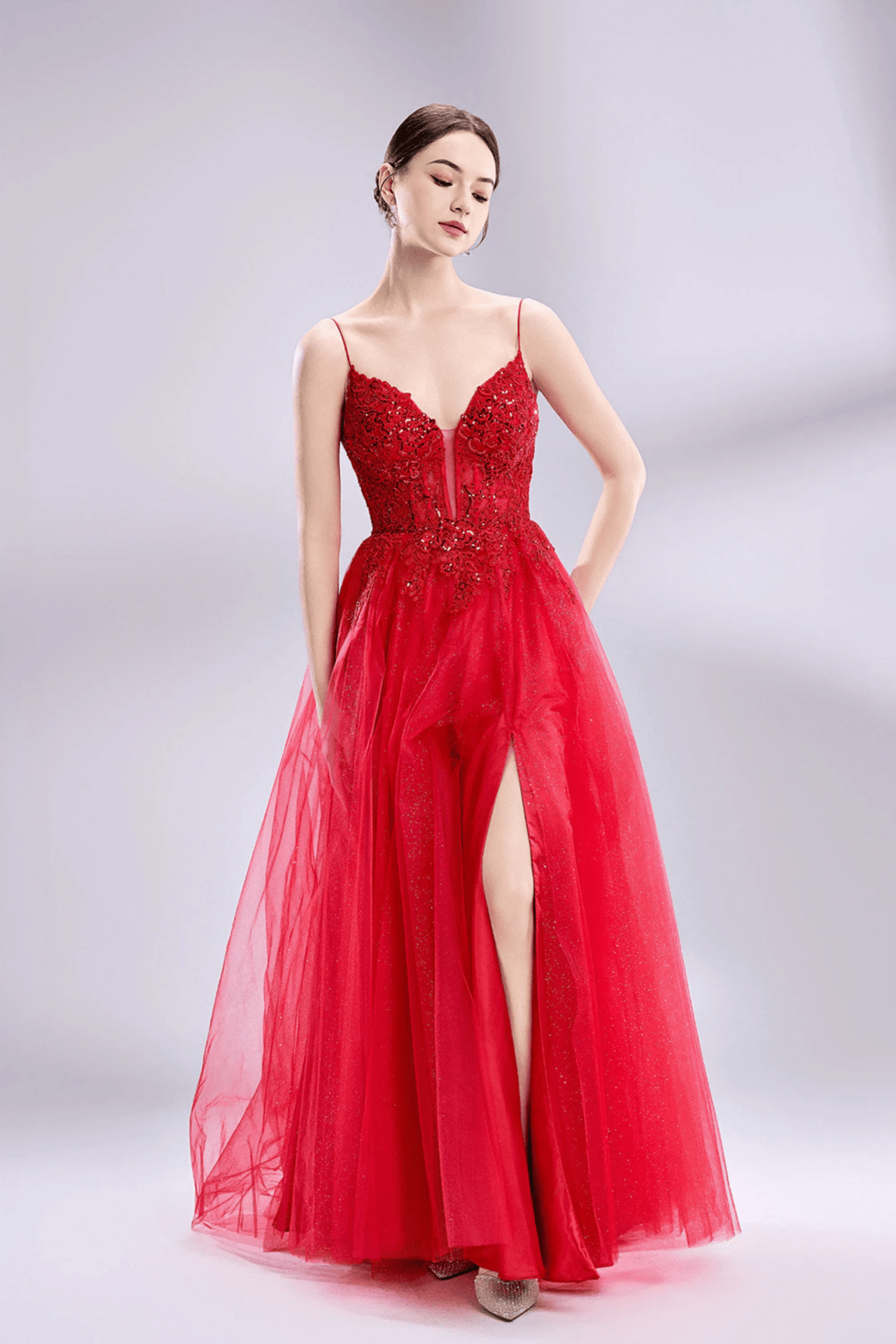 Jessica Stuart Nina Red Ball Gown with Beaded Bodice and Side Slit - Prom Dress 2025