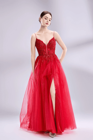 Jessica Stuart Nina Red Ball Gown with Beaded Bodice and Side Slit - Prom Dress 2025