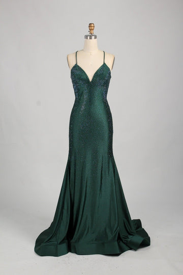 long evening dress in green with rhinestones