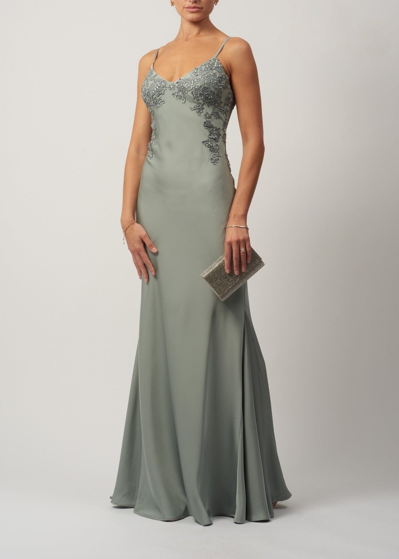 Sage Satin Slip Embellished Long Gown MC192046
