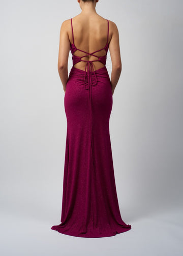 Back view of Airforce Blue Lace Up Back Glitter Jersey Dress MC22323, highlighting the intricate lace-up back detail