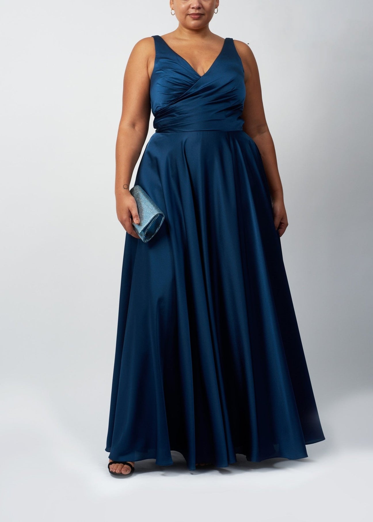 Model wearing the Airforce Blue Pleated Satin Ballgown MC5122077