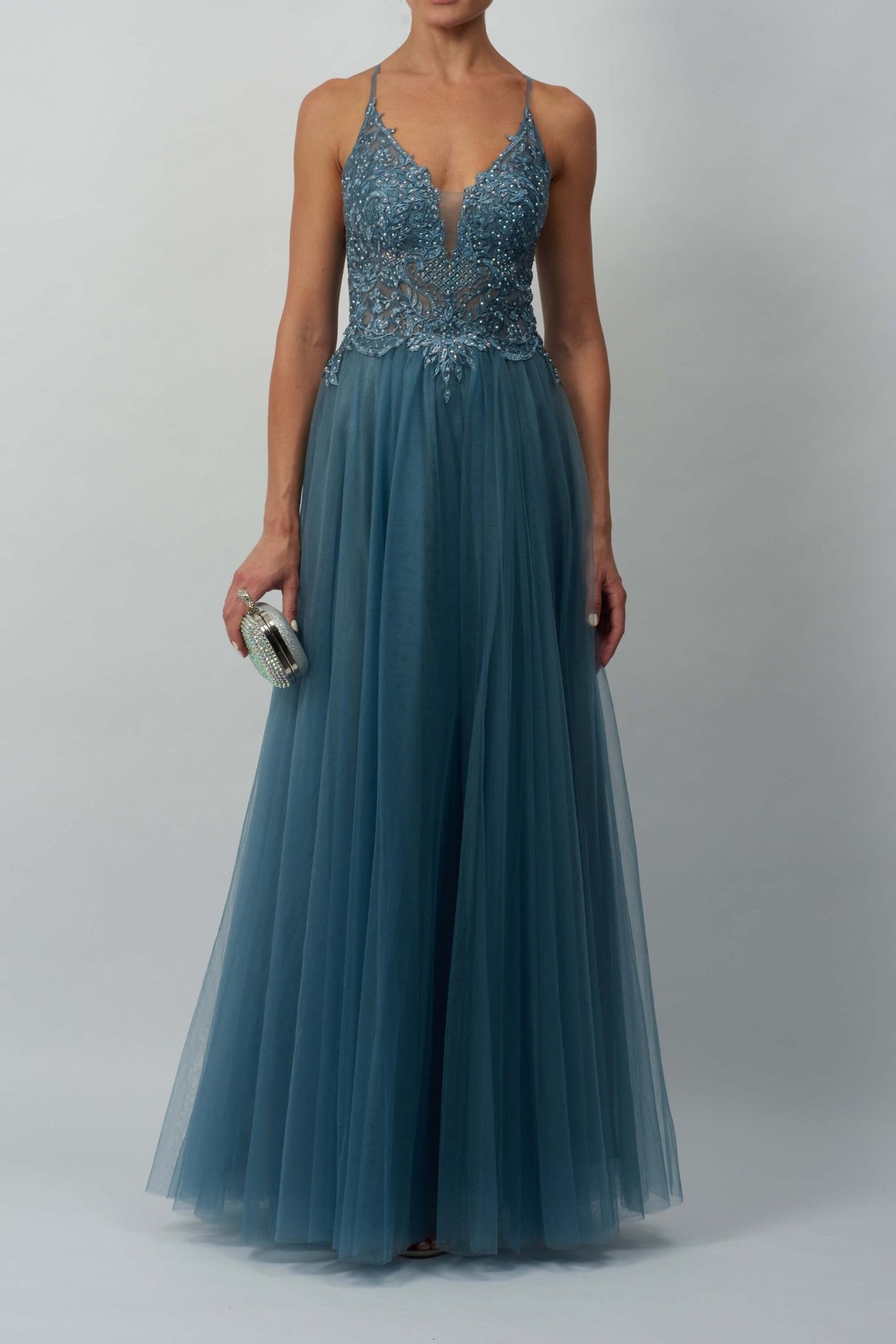 Dew MC181484 Cross back strap tulle net prom gown - Cargo Clothing