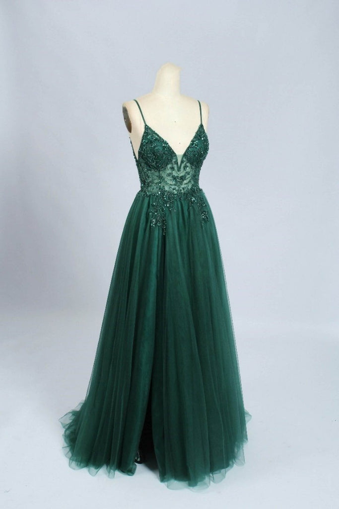 Jessica Stuart Green 32564b V-Neck Beaded Prom Dress With Side Split ...