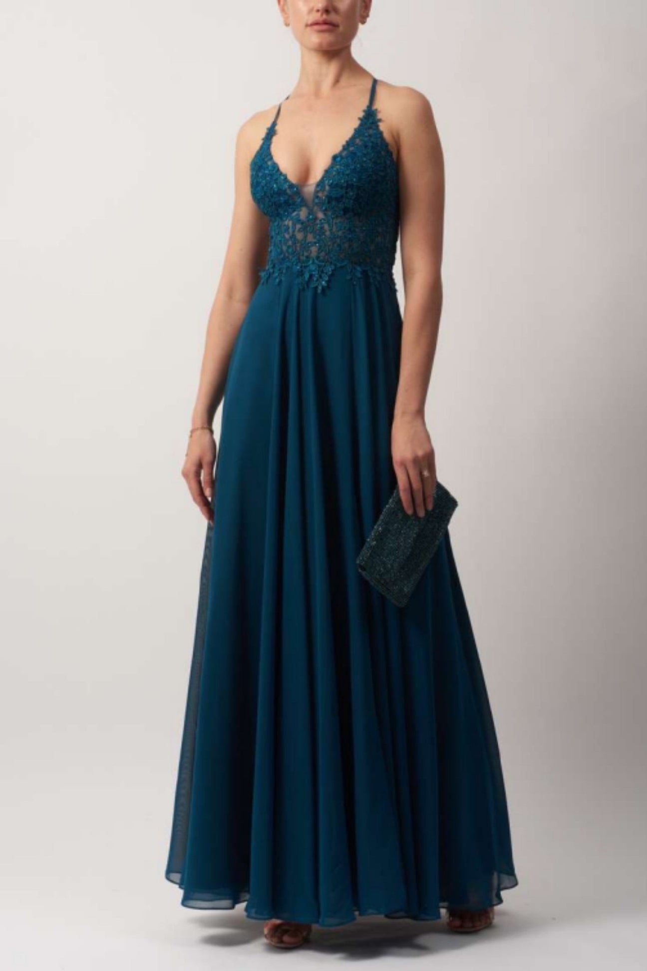 Petrol MC122013 Lace Bodice with open back prom dress - Cargo Clothing