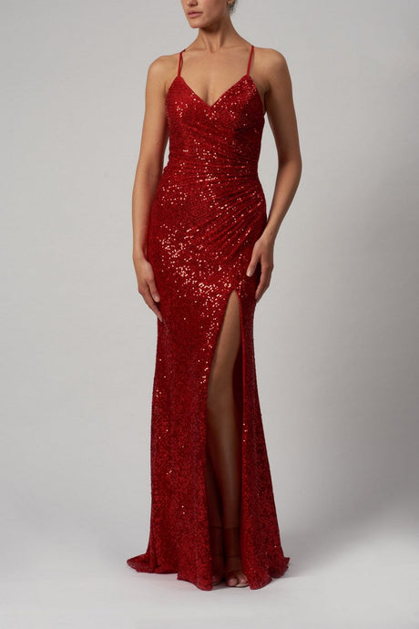 Red sequin maxi 2024 dress with split