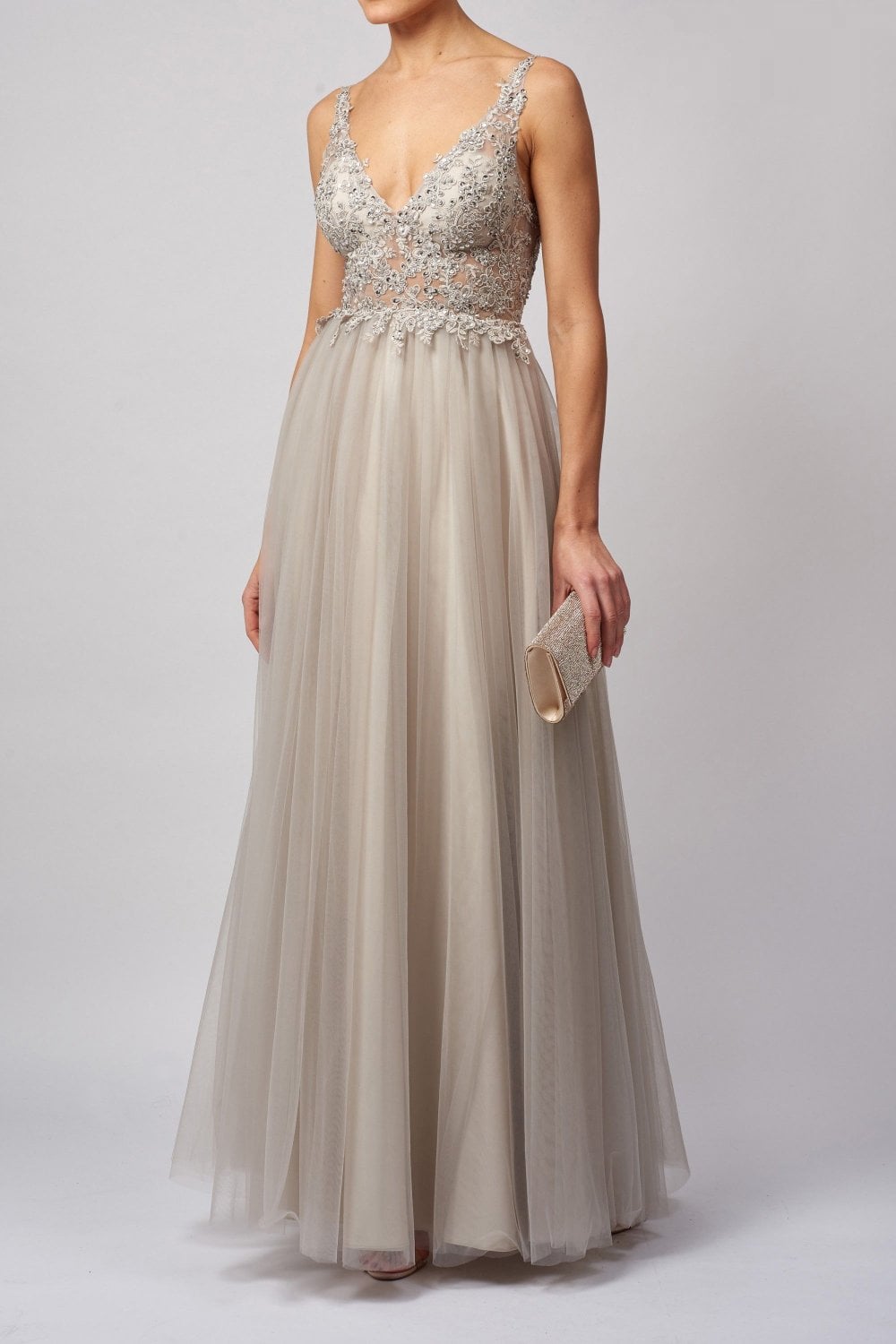 Young lady standing in a Sand soft lace & net tulle prom dress